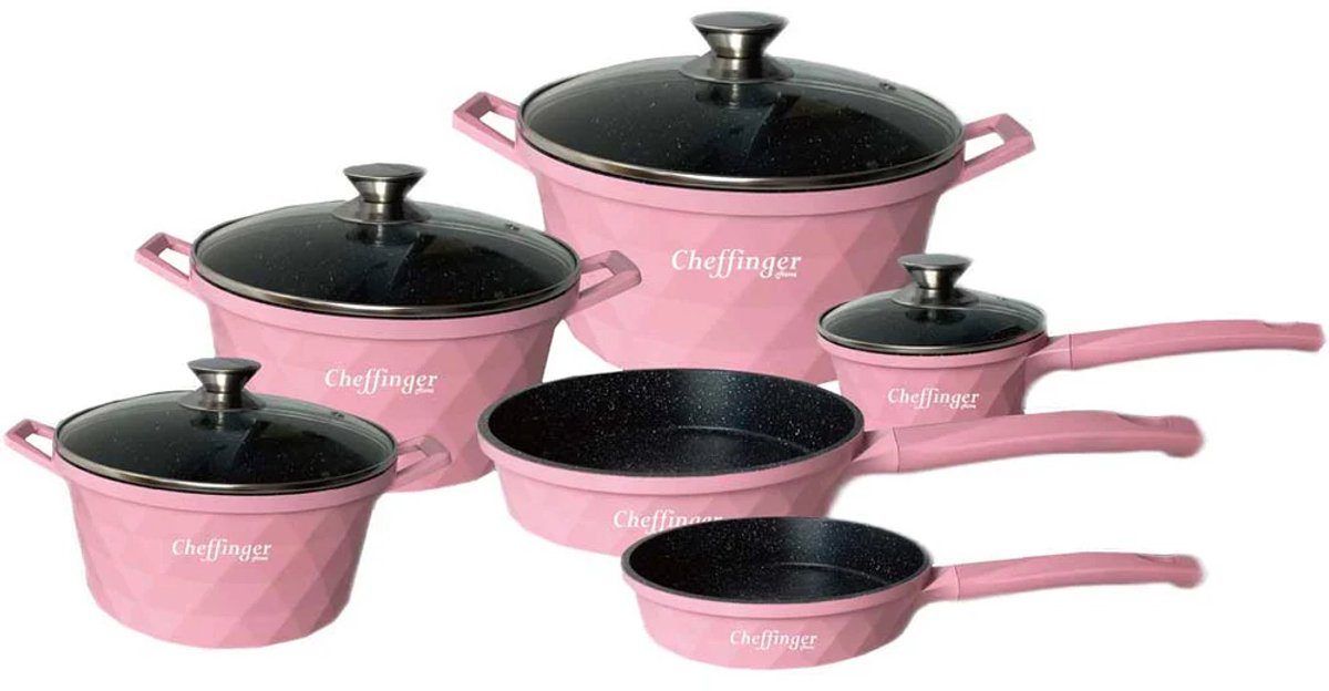 Cheffinger Pannenset - 12-delig - Roze - Inductie - Met Glazen Deksels