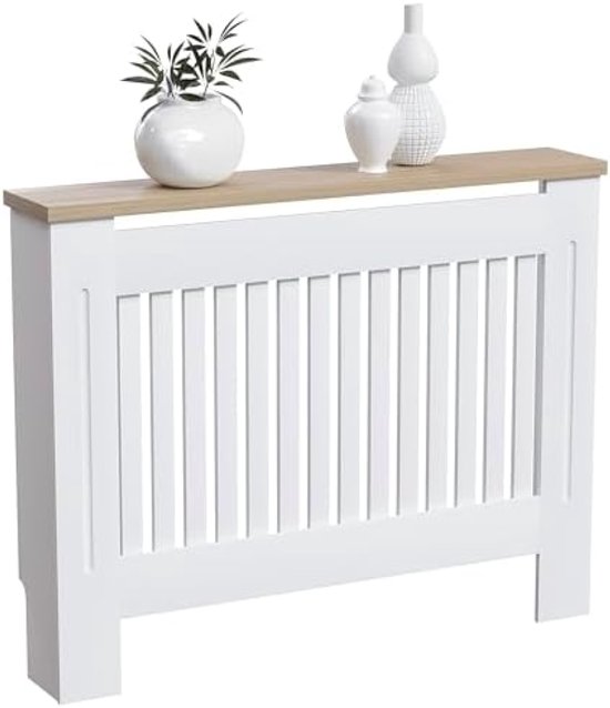 Foto: Arlington radiatorafdekking moderne wit gelakte kast van vezelplaat met lamellen en groeven bovenste plank van hout medium