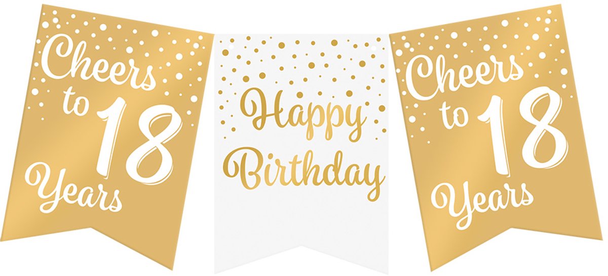Vlaggenlijn | Set á 6 stuks | Feestvlaggen banner goud wit | met tekst 18 jaar | 6 meter | 10 vlaggen | hoogte 20 cm