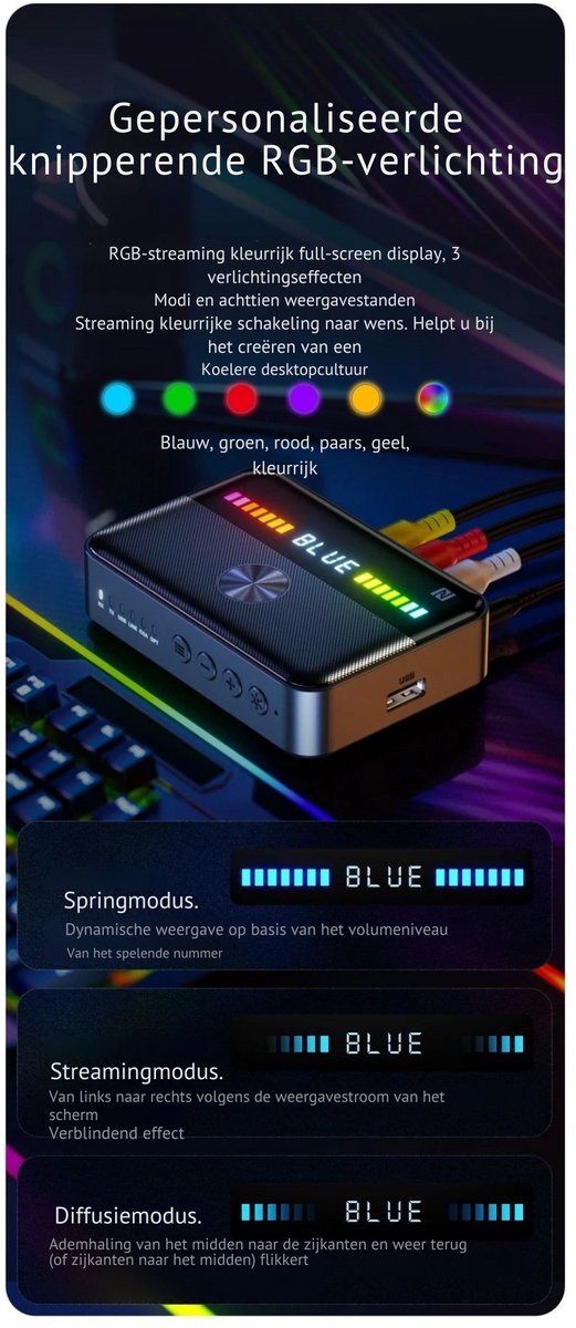 DrPhone SoundSyncX - Bluetooth 5.3 Audio-Ontvanger En Zender - Dynamische RGB-verlichting - Helder LED-display - Diverse Aansluitmogelijkheden - Dual Connection - Slimme NFC-koppeling - Zwart van Merkloos — afbeelding 2