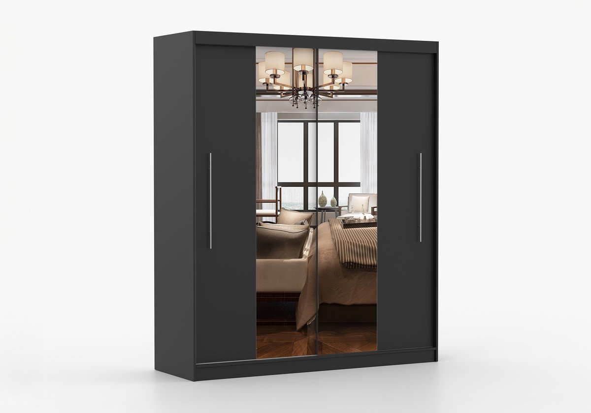AJE Meubles B.V. Kledingkast NICO I 203 cm - 2-deurs schuifdeurkast met spiegel en kledingstang - Garderobekast met ruime opbergruimte - Moderne kast voor slaapkamer en hal (Zwart)