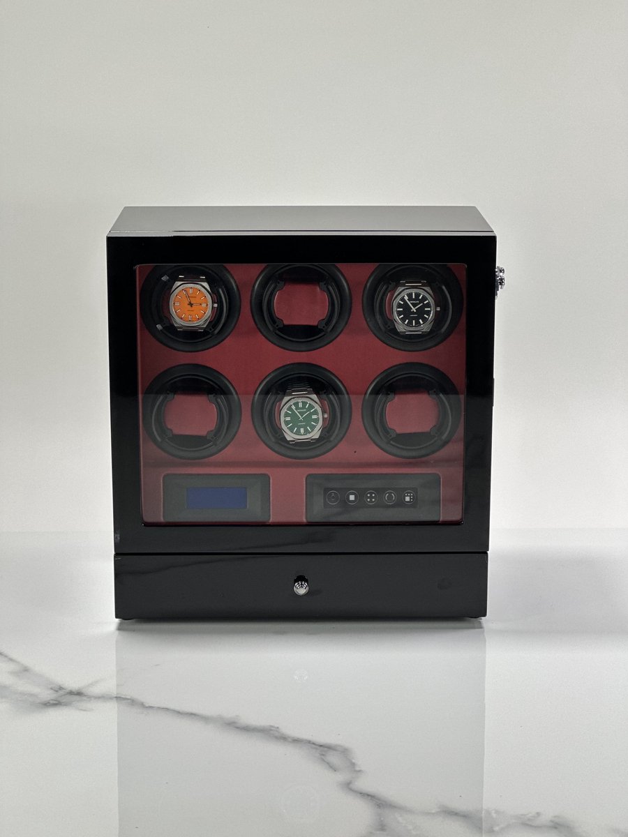 Leader Luxe Watchwinder voor 6 horloges - inclusief accessoirelade - Horloge opwinder - horloge box - Carbon
