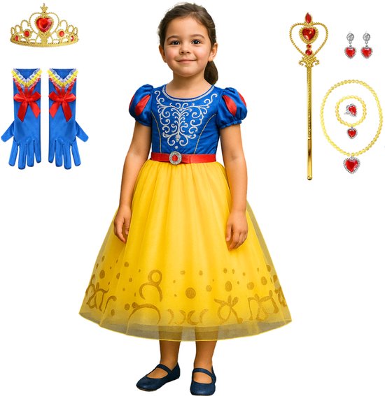 Joya Kids® Sneeuw Prinses Verkleedjurk Meisjes | Prinsessenjurk Blauw en Geel met Accessoires | Kroon, Staf, Handschoenen & Sieraden | Verkleedset Prinses Meisje | Carnaval & Verjaardag | Maat 120