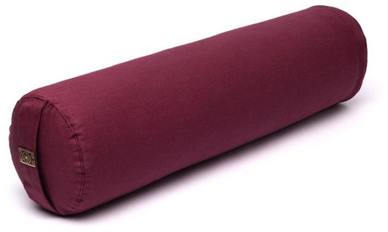 Cylindrisch yoga bolster in de kleur licht aubergine, van biokatoen met een klein logo op de zijkant.