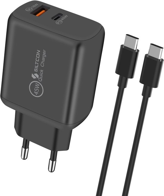 Siltcon® 2-in-1 Snellader USB-C 45W - USB C Adapter - Geschikt voor Snellader Samsung - Oplader USB-C PD 45W – USB-A 18W - Universeel o.a. Telefoons & Laptops - Incl. 2 Meter 45W USB-C Snellaadkabel