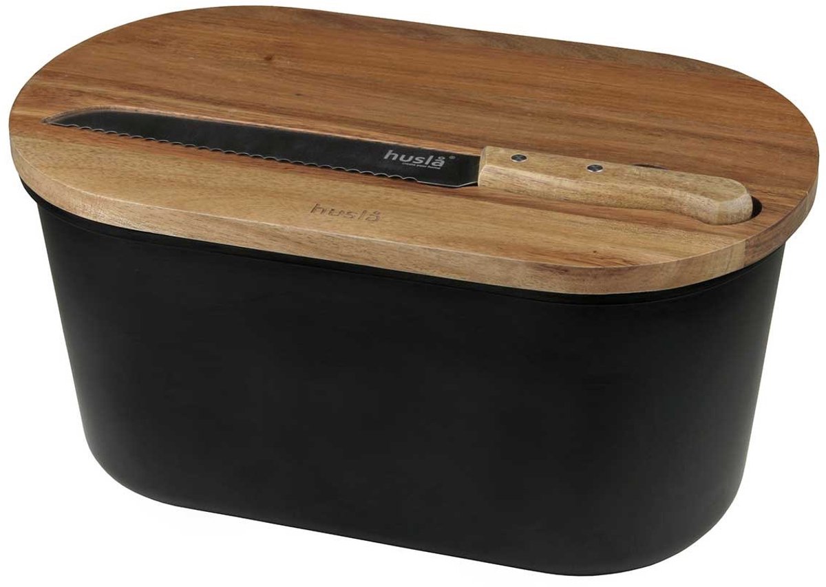 Husla - Brooddoos met Snijplank en Mes - Acaciahout - Zwart Melamine