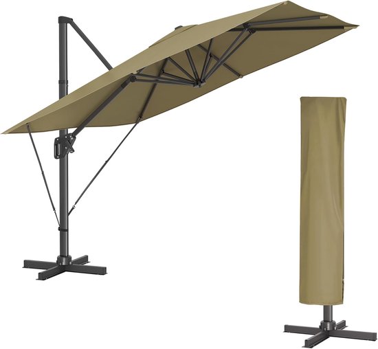 FurnStar - Parasol 290 x 290 cm - Parasol déporté - Protection UV UPF 50+ - Rotatif à 360° - Angle d'inclinaison réglable - Avec pied, sangles de fixation et housse - Vert laurier