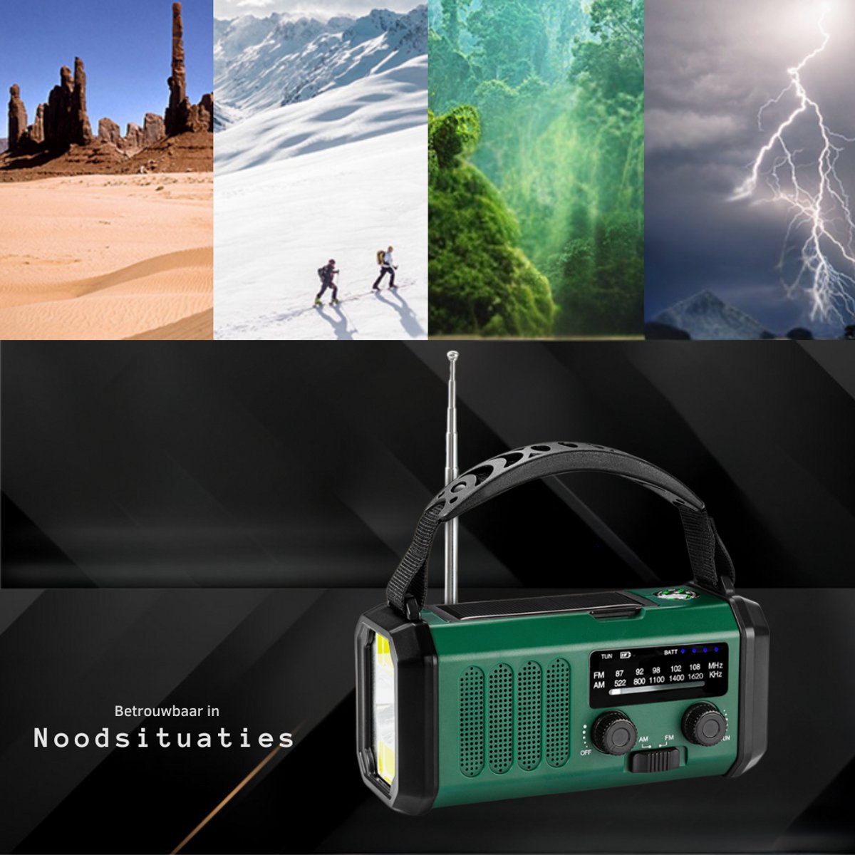 P-Repair - Noodradio - Opwindbare radio - Solar Opwindbaar - Powerbank Zonne-energie - 20.000mAh - Met zaklamp - USB oplader - USB-C oplader - Groen – foto 8