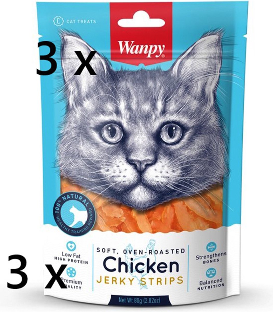 ** 3 X -- Wanpy kattensnack - chicken jerky 80 gr - = 240 gr - soft, oven roasted --laag vetgehalte - hoog eiwitgehalte - premium kwaliteit -