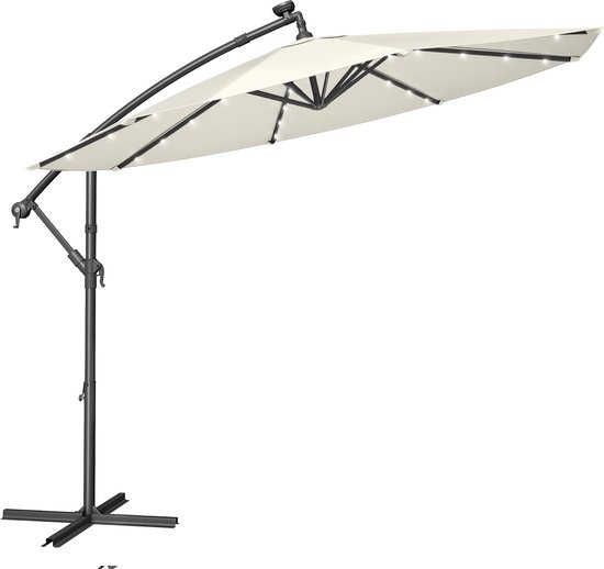 FurnStar - Parasol avec éclairage LED solaire - Parasol déporté - 300 cm - 32 LED- Avec pied - Protection solaire UPF 50+ - Avec manivelle - Beige