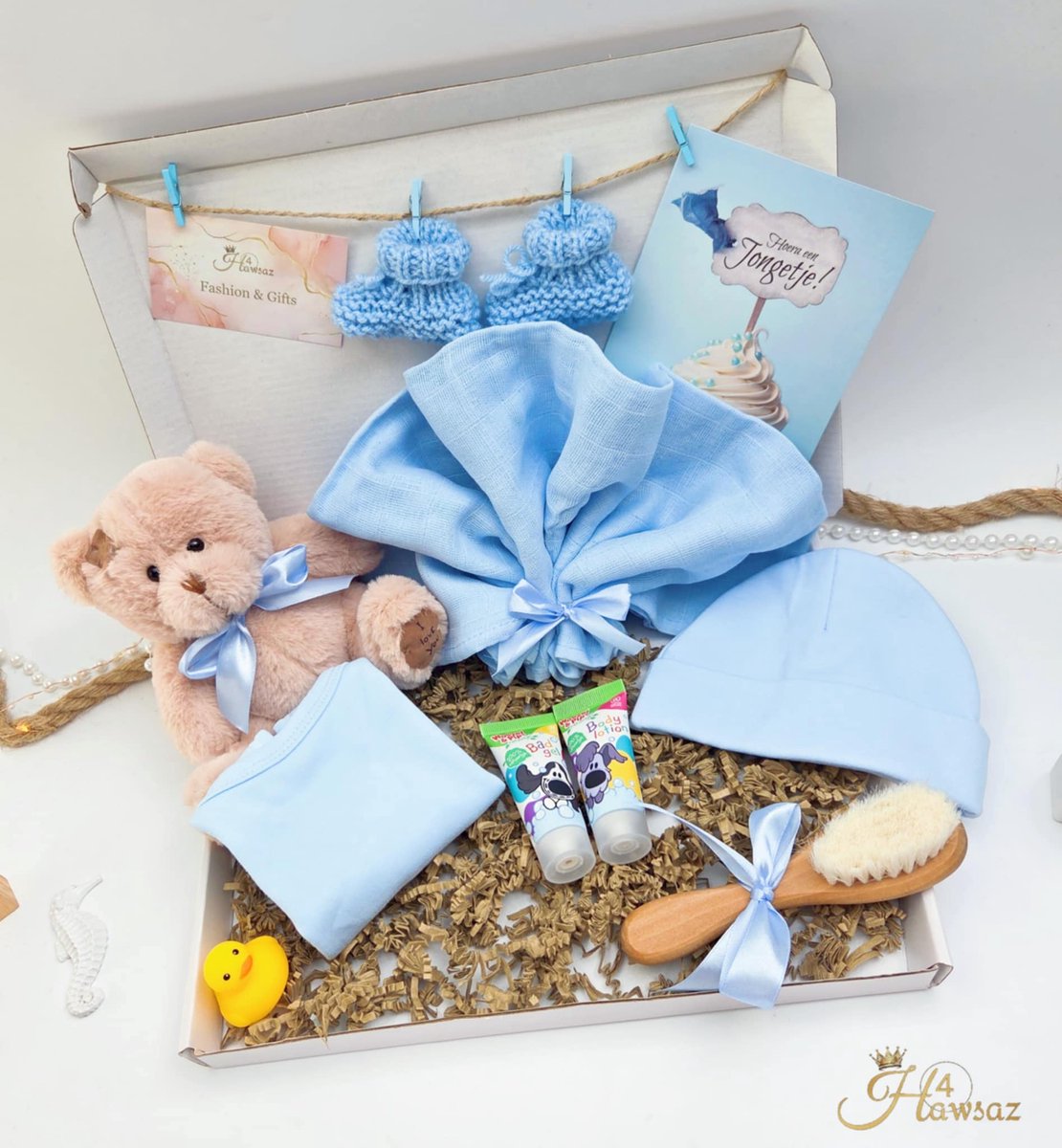 Goedkoopste Hawsaz.nl cadeau - Babygeschenksets 10 stuks Blauw - Verwenpakket - Kraampakket - Gepersonaliseerde kraamcadeaus - Geboortecadeau - babyshower - Babyverzorging - Baby knuffel