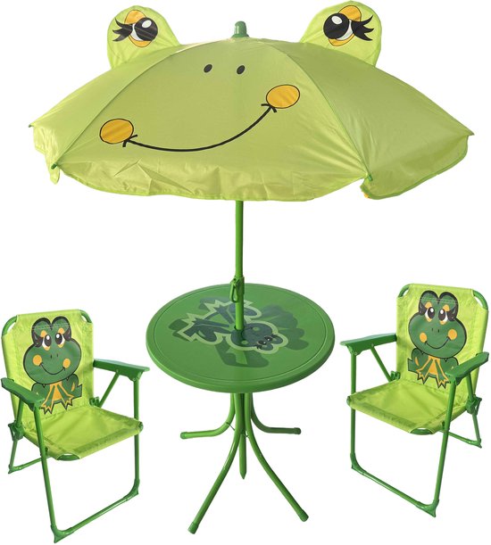 Groene kindertafel met kikkerparasol, geflankeerd door twee groene kinderstoelen met kikkerprint.
