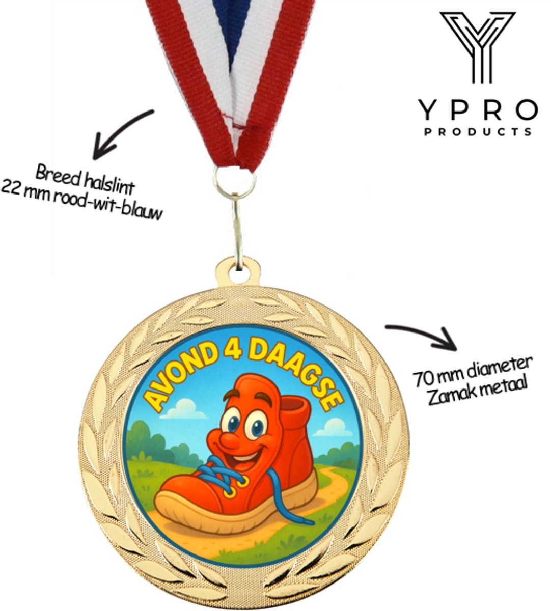 Avond 4 Daagse Medaille – 70 mm – Luxe gouden medaille van Metaal – Incl. Rood-Wit-Blauw Halslint – Kindvriendelijk Ontwerp