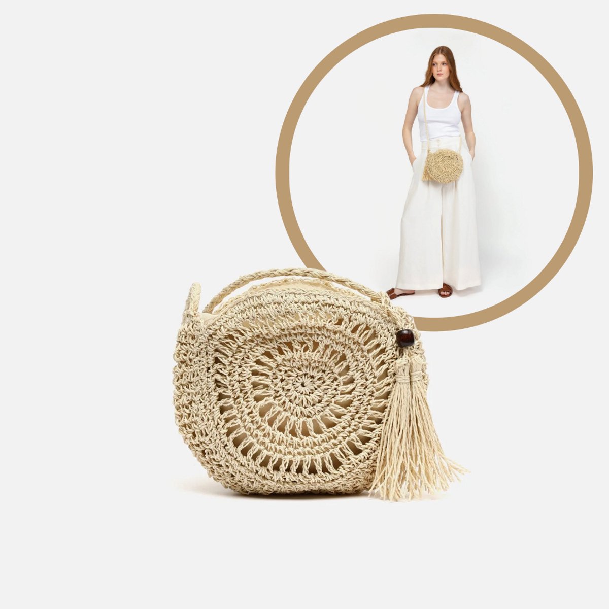 FLIPFLOP CLUB® Rolling Rotan Shoulder Bag | Licht Beige | Tasje | Stro Tas | Schoudertas, Modieuze Holle Strandtasje Voor Op Reis Of Vakantie