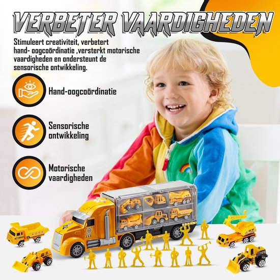 Een jongen lacht en speelt met een oranje vrachtwagen vol gele mini bouwvakkers en voertuigen, met pictogrammen voor vaardigheden.