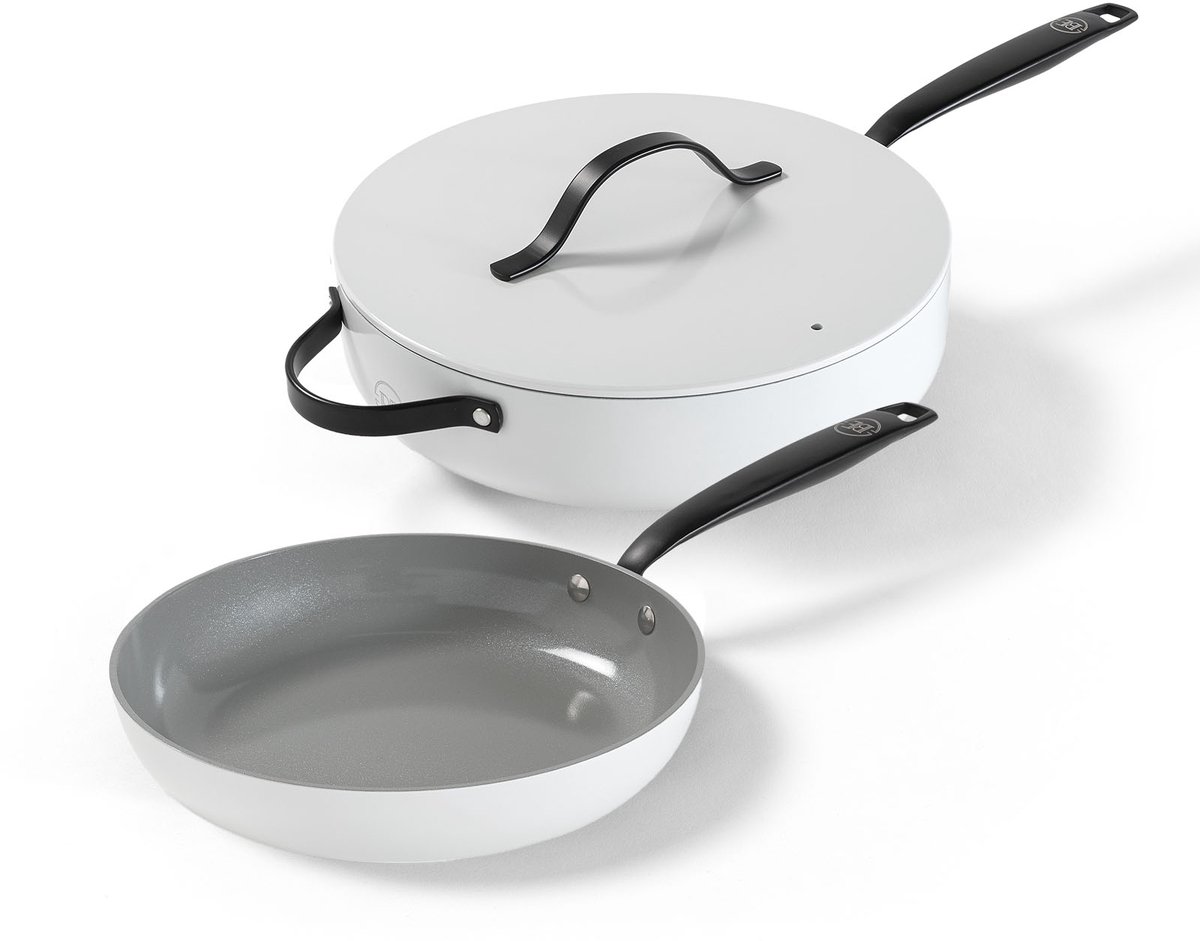 BE Living 2-delige Pannenset - Ø 28 cm Koekenpan + Ø 28 cm Hapjespan - Bakpan - Keramisch - PFAS Vrij Anti Aanbak - Inductie Pannen - Wit - Essential Series
