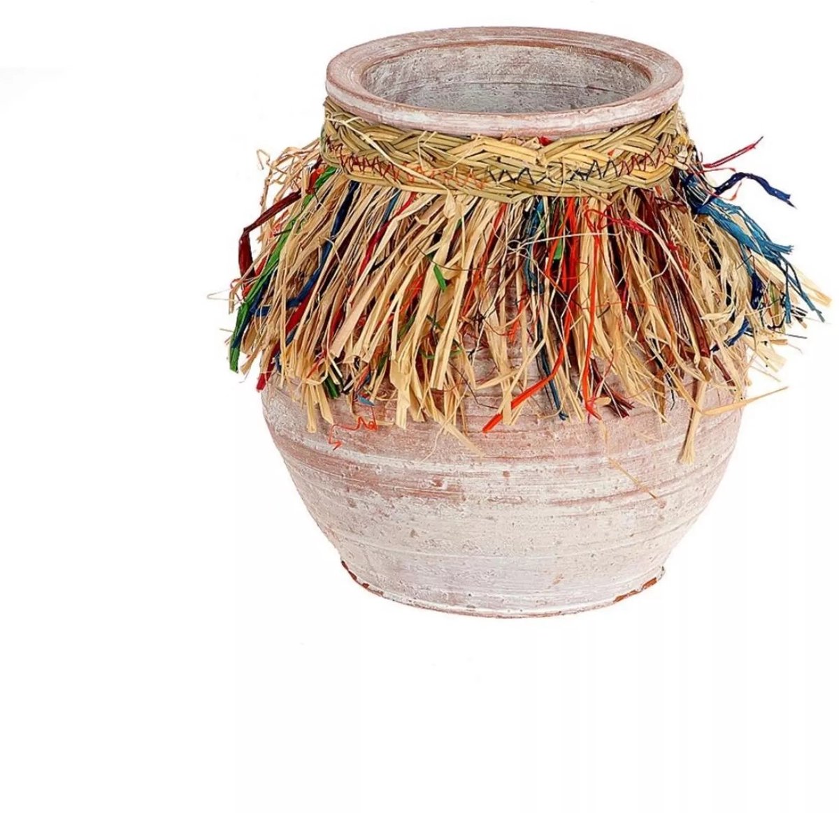Bohemian Vaas Koluma Ø17xH19cm – Aardewerk met Raffia Franje – Terra-Grijs