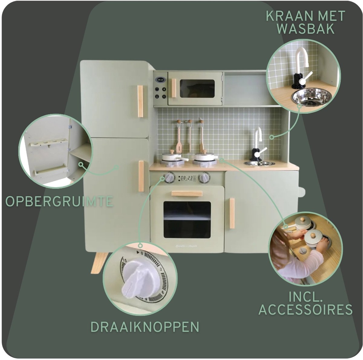 Bandits & Angels Houten Kinderkeuken XL Modern Groen vanaf 3 jaar - Aanrechthoogte 52 cm - Incl. 5 accessoires - Voor Meisjes - Kinder Keukentje - Speelgoed Keuken - Groene Speelkeuken — afbeelding 7