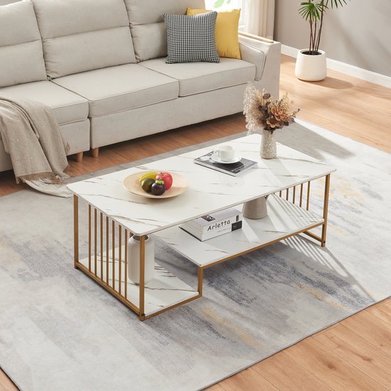 Table basse Klibro aspect marbre blanc et doré 120x60x42 cm [en.casa]