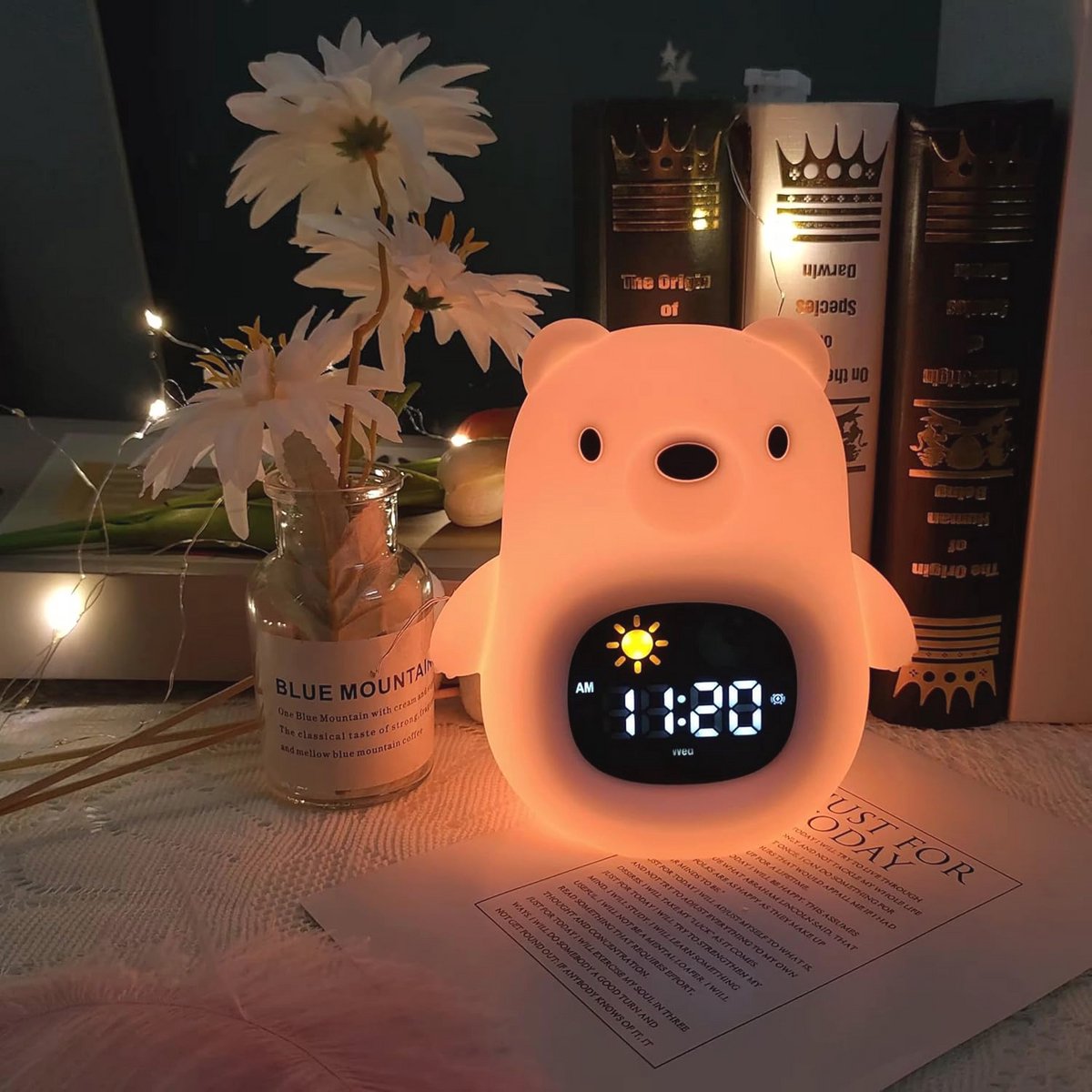 Educatieve digitale wekker voor kinderen met LED-nachtlampje, multitasking, schattig ontwerp, 2 alarms, automatische uitschakeling en snoozefunctie