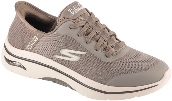 Chaussure de sport Skechers Slip-ins grise avec semelle beige et noire. Technologie Arch Fit.