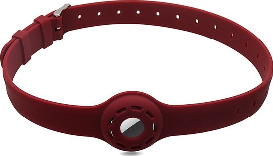 Collier AirTag en silicone bordeaux avec boucle argentée et porte-AirTag.