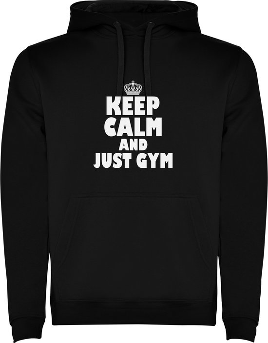 Zwarte unisex hoodie met “ Kleurrijke Keep Calm and just Gym – Blijf Kalm en sport – Sport – Humor – Zet Door – Niet opgeven “ Print Full Color merk Roly maat L