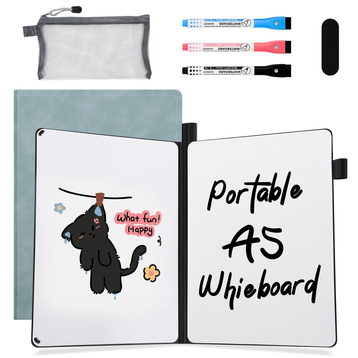 AGM Uitwisbaar notitieboek - Whiteboard notitieblok - A5 - Incl. 3 Pen en 1 Etui - Blauw-PU