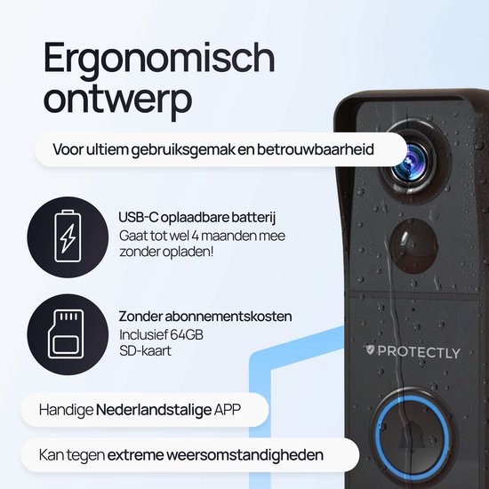 Ergonomisch ontworpen zwarte slimme deurbel met camera, USB-C batterij, SD-kaart en app-icoon.
