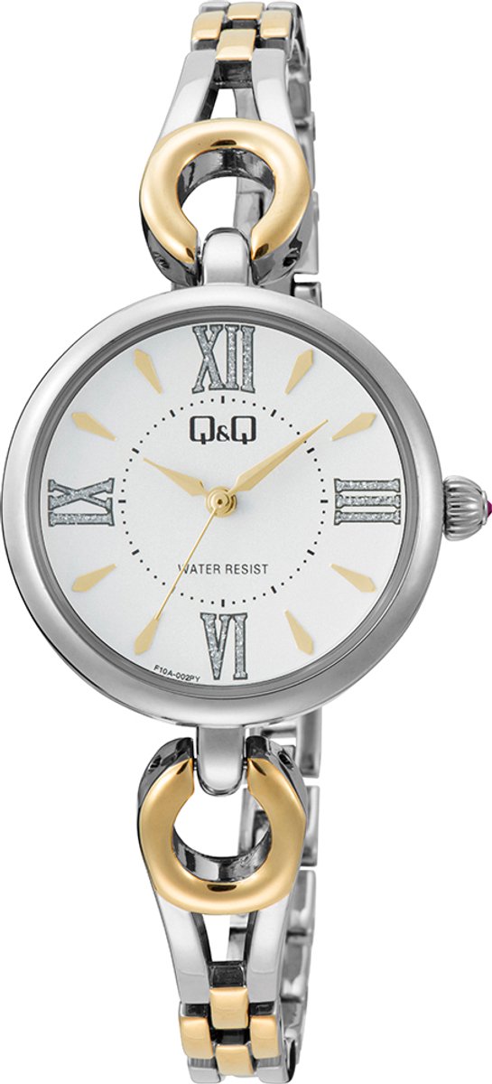 QQ F10A-002PY - Horloge - Polshorloge - Analoog - Dames - Vrouwen - Metalen band - Rond - Metaal - Streepjes - Romeinse cijfers - Zilverkleurig - Goudkleurig - Wit - Briljanten