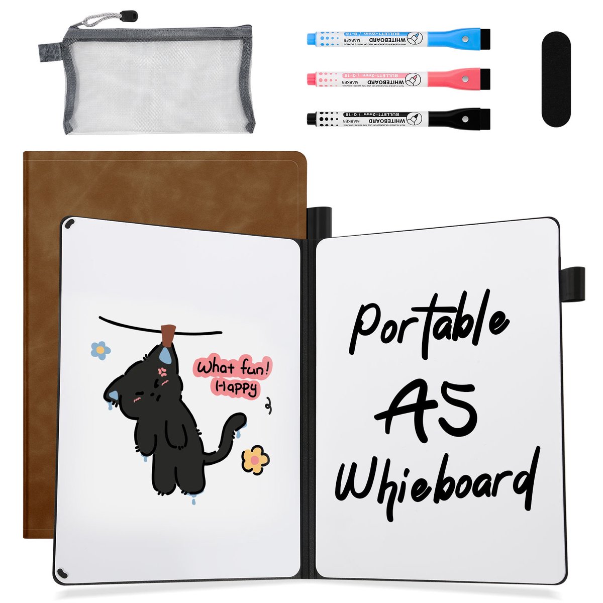 AGM Uitwisbaar notitieboek - Whiteboard notitieblok - A5 - Incl. 3 Pen en 1 Etui - Bruin-PU