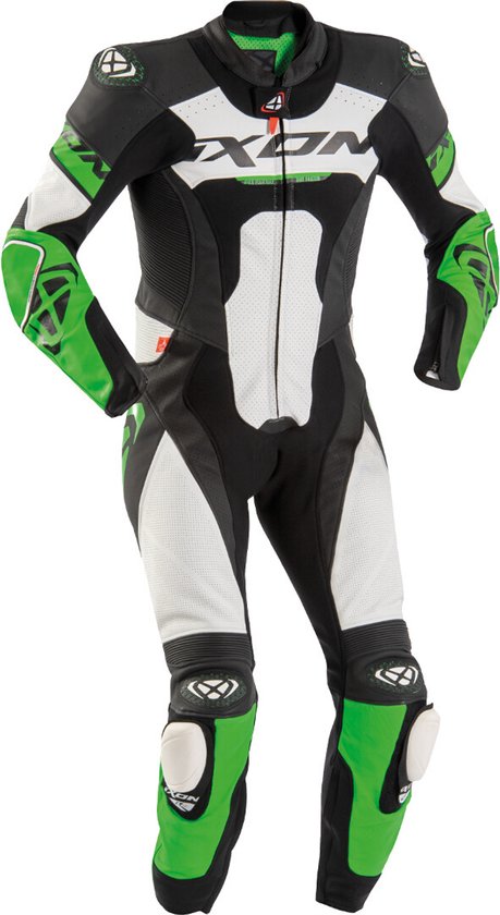 Combinaison de moto Ixon noire, blanche et verte. "IXON" est écrit en lettres blanches sur la poitrine.