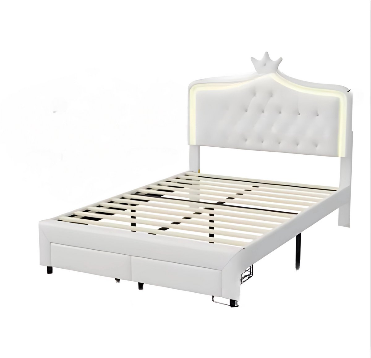 Bolt Edge Kinderbed voor meisjes - 140x200cm - Gestoffeerd bed met 2 lades - LED-verlichting en rugleuning - Lattenbodem - Twijfelaar Wit
