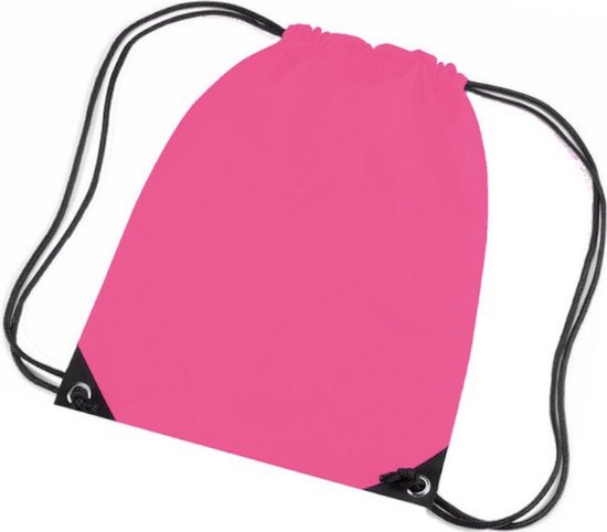 Roze gymtas met zwarte trekkoorden en versterkte hoeken.