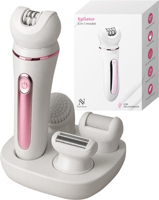 Nuvance Epileerapparaat Dames - Epilator 5-in-1 - Ladyshaves voor Vrouwen - Epilators - Ladyshave - Waterproof - Usb - Wit/Roze