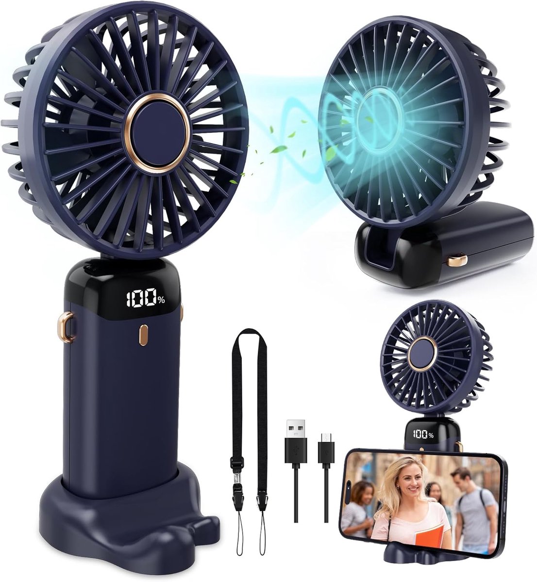 Draagbare 5-in-1 Mini Ventilator - USB Oplaadbaar, Opvouwbaar, Stil, en Met Telefoonhouder Voor Thuis, Kantoor, Camping en Reizen