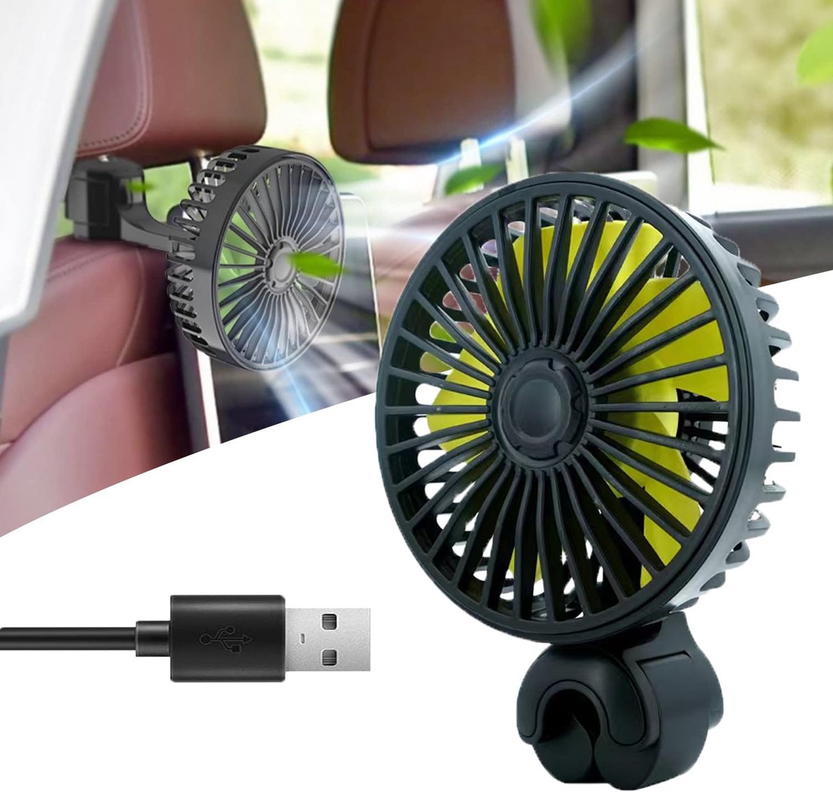 Stille 12V Autoventilator - 360 Graden Draaibaar en Instelbaar in 3 Standen voor Achterbank en Mini-autostoel