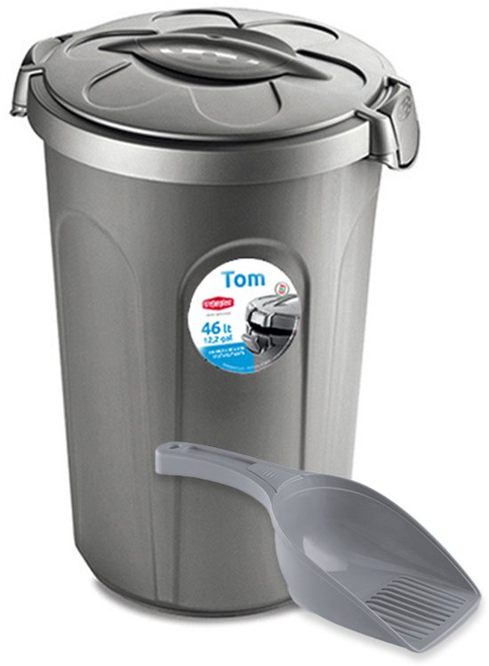 Tonneau avec couvercle «Tom» - 46 litres - Tonneau d'alimentation - Tonneau de stockage - Récipient d'alimentation - Avec pelle - Argent