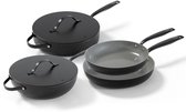 BE Living 4-delige Pannenset - Ø 24 & 28 cm Koekenpan + Ø 30 cm Wokpan + Ø 28 cm Hapjespan - Bakpan - Keramisch - PFAS Vrij Anti Aanbak - Inductie Pannen - Zwart - Essential Series