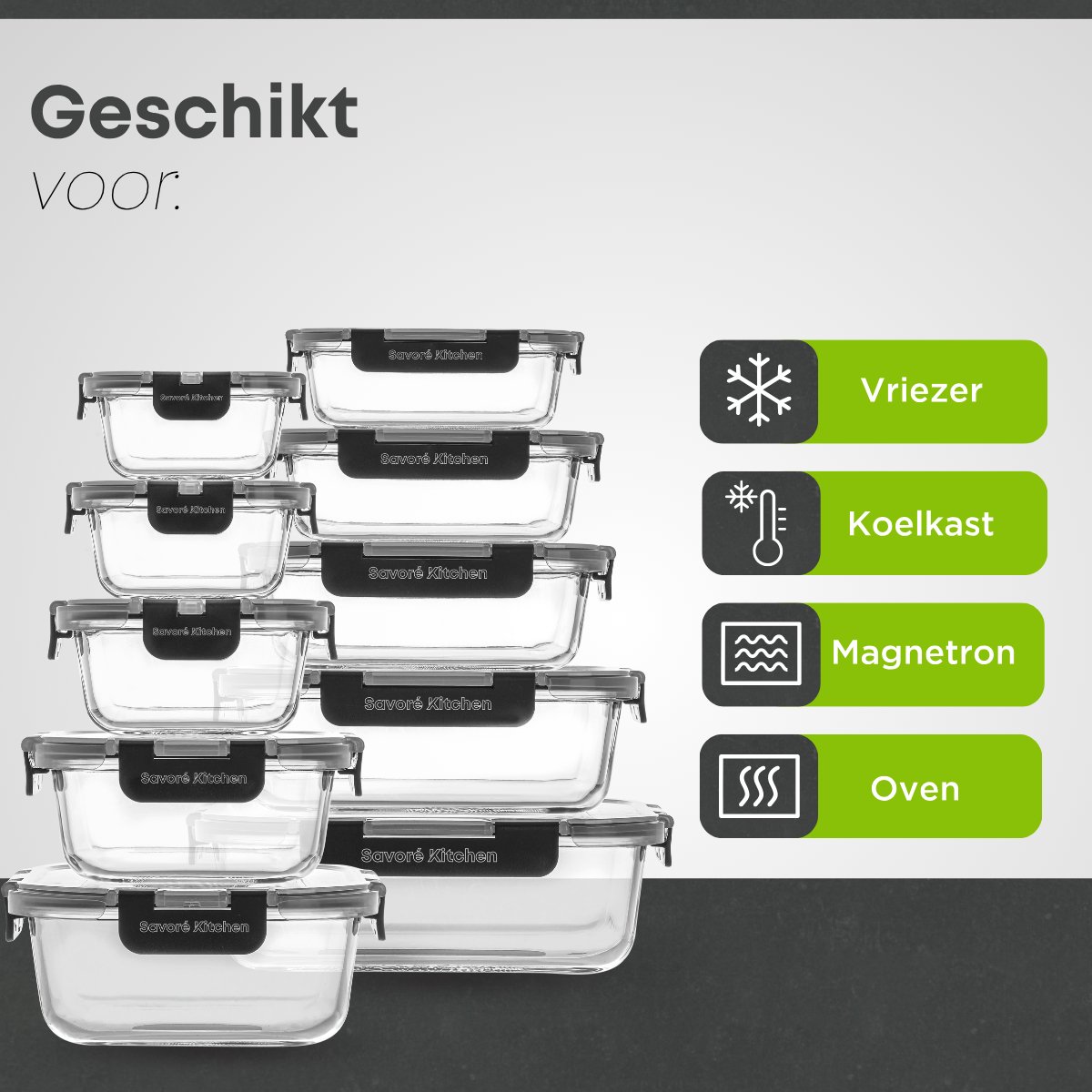 Savoré Kitchen Vershoudbakjes Glas 10 stuks – Stapelbaar - Luchtdicht – Meal Prep Bakjes - Diepvriesbakjes set — afbeelding 3