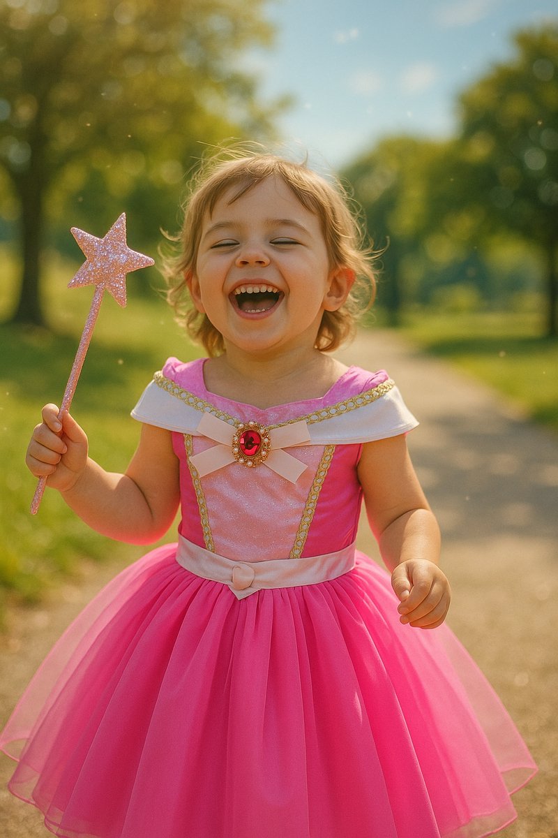 Joya Kids® Roze verkleedjurk korte Mouw | Zomerse Roze Prinsessenjurk | verkleedkleding Meisje | Hard roze Jurk + kroontje & Staf & Sieraden | Cadeau meisje — afbeelding 5