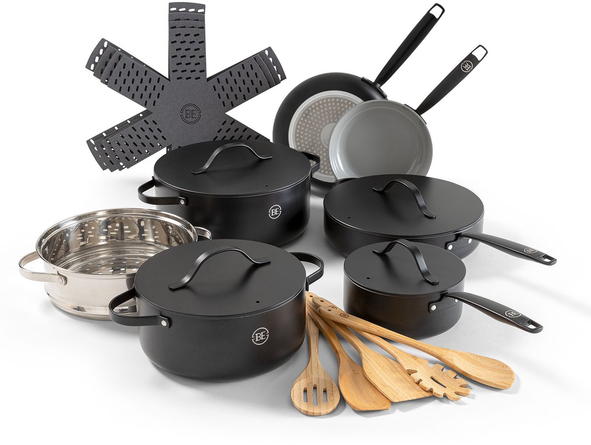 BE Living Essential 6-delige Pannenset - Koekenpannen + Hapjespan + Braadpan + Steelpan + Stomer + Kookgerei + Panbeschermers - Met Deksel - Keramisch - PFAS vrij - Inductie - Zwart