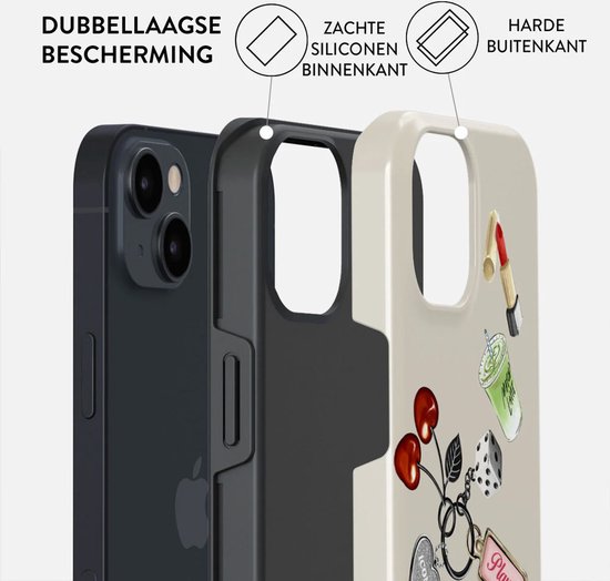 Exploded view van een iPhone 15 hoesje: zwart hard buitenframe, grijze siliconen binnenkant, off-white buitenschaal met "It Girl" print.