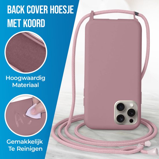 Oudroze back cover hoesje met koord, met tekst over 'Hoogwaardig Materiaal' en 'Gemakkelijk Te Reinigen'.