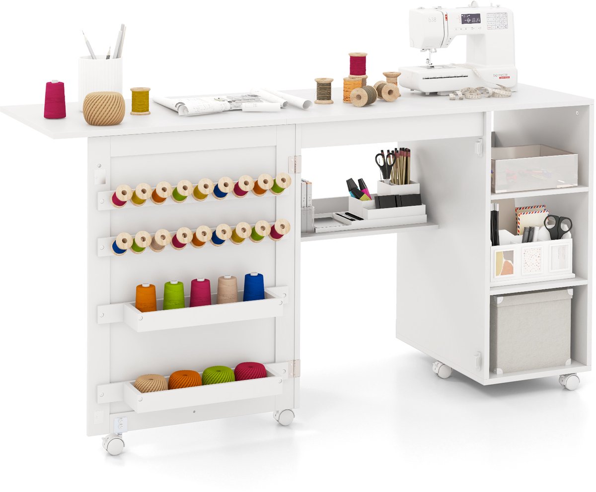 Costway 2-in-1 naaimachinekast, inklapbaar, bureau, multifunctionele naaimachinetafel met legvlakken, 18 klemmen en verborgen bakken, naaitafel met vergrendelbare wielen, wit