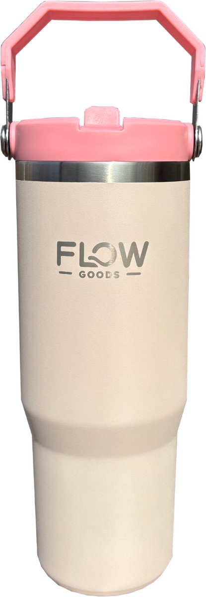 Flow Goods Flip Straw LightFlow Tumbler – Pastel Roze – Thermosbeker met Hendel – 100% Lekvrij - Drinkfles met Rietje – 0.89 Liter – Thermosbeker – Travel Mug