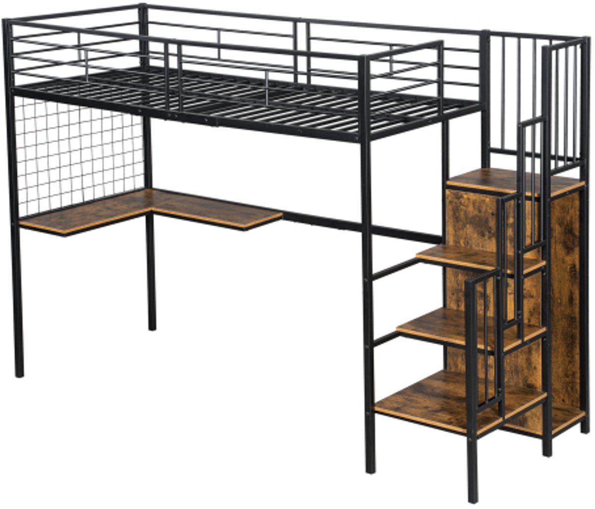 IJzeren bed, hoogslaper 90x200cm, geschikt voor kinderen en tieners, met tafel en kledingkast, zijladder met leuning, ijzer + spaanplaat, Zwart + donkere houtkleur