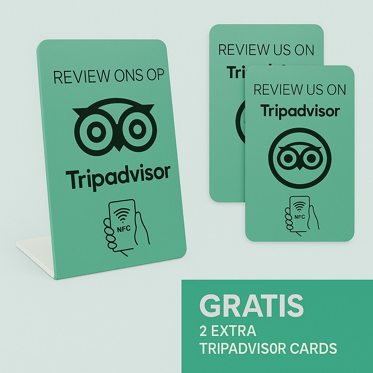 Tripadvisor review ons kaart - Nu met 2 gratis Tripadvisor kaartjes! NFC - Staand display - Telefoonbordje - Boost je reviews