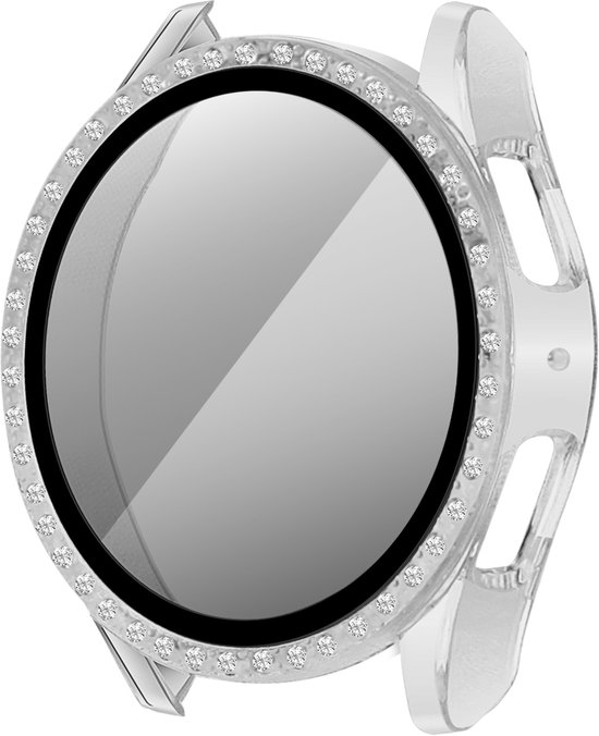Zilverkleurige smartwatch hoes met glinsterende steentjes rond de rand.