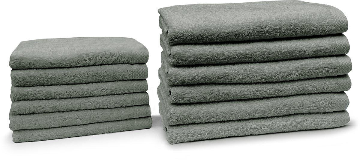 Eleganzzz Handdoeken Set - Set van 12 - 6x Handdoek 50x100cm - 6x Badhanddoek 70x140cm - Badlakens - Handdoeken - 420 gr/m2 - 100% Katoen - olive green